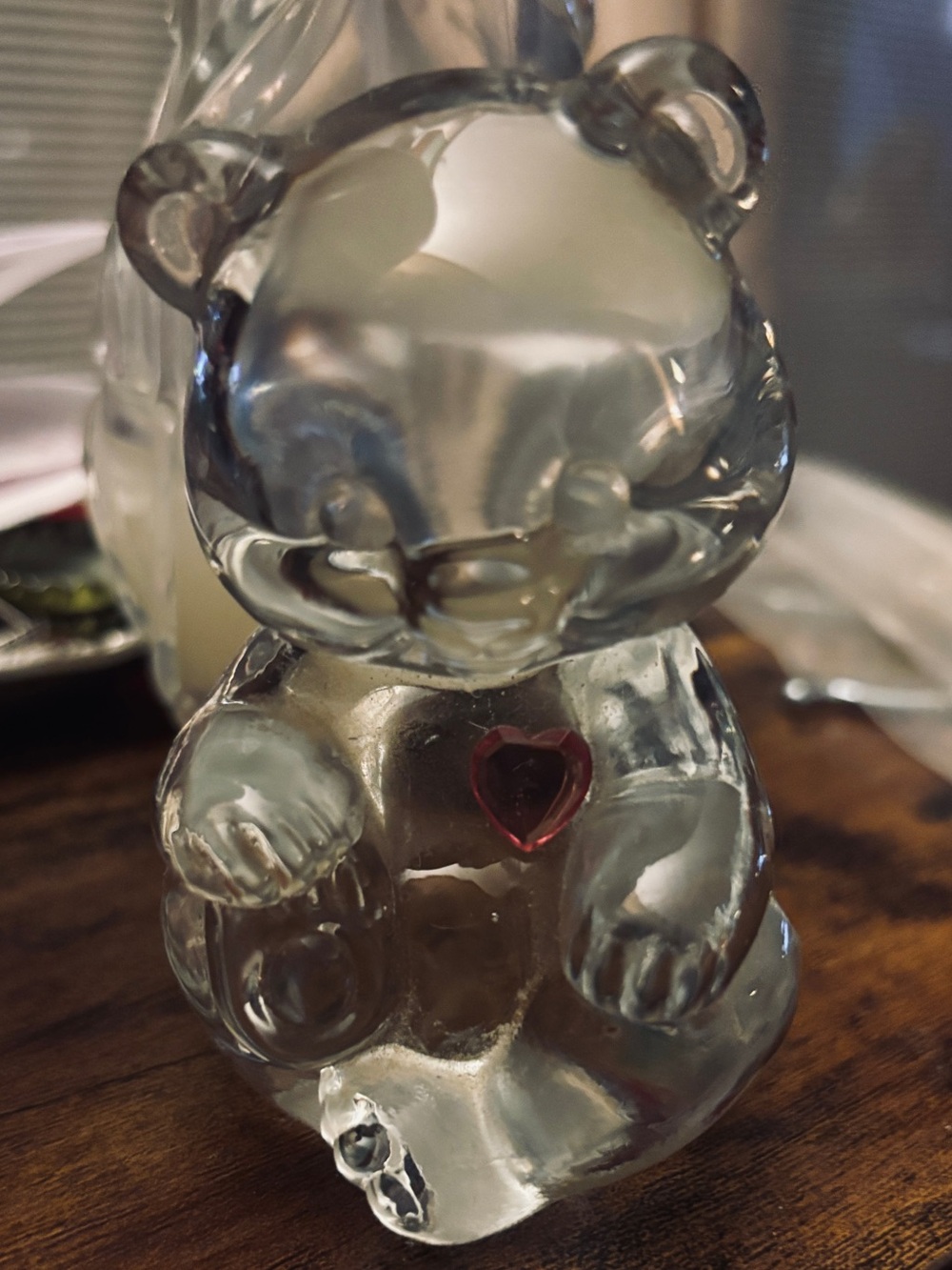 Vintage Fenton Clear Glass Bear w/Red Heart Figurine- stamp on back 3.5”T $20